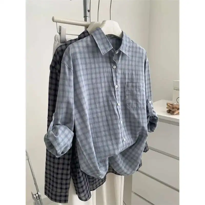 

Women Lightweight Plaid Casual Shirts Spring Summer Pure Cotton Loose Pocket Sun Protection Shirt
