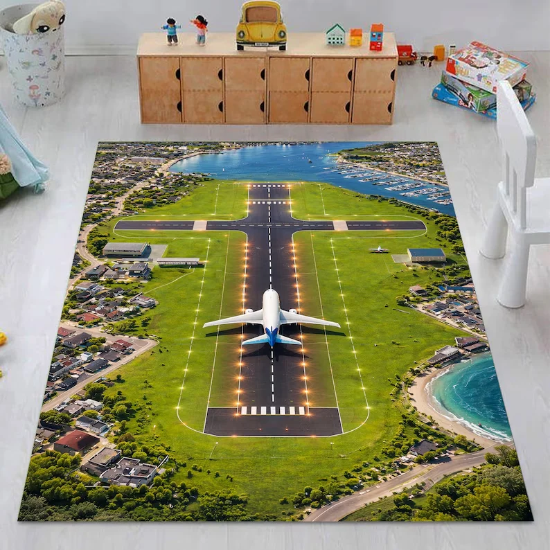 Airport Play Rug Kids Room Carpet Car Plane Rug Nascar Track Car Rug Playroom Carpet Road Map Rug Washable Rugs Non-Slip