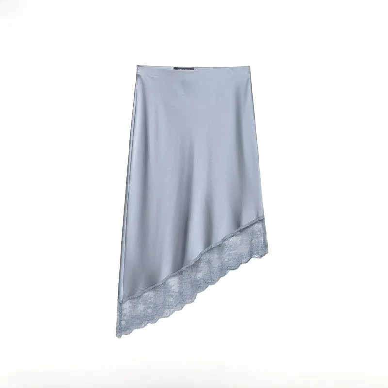 Fashionable Asymmetric Hem Silk Satin Lace Midi Skirt Women's New Spring Summer High Waist Poly Fiber Iron Free Skirts