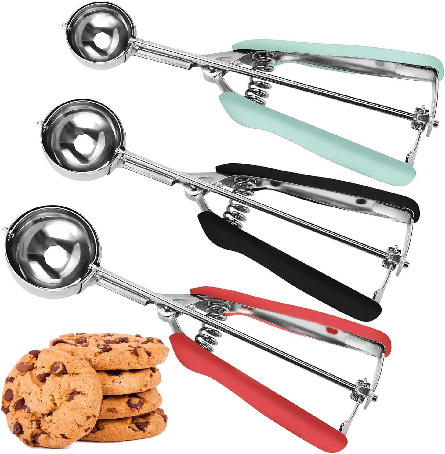 

Cookie Scoop Set of 3, 1/2/3 Tbsp, 18/8 Stainless Steel, Red/Black/Mint, for Baking, Ice Cream, Melon Balls