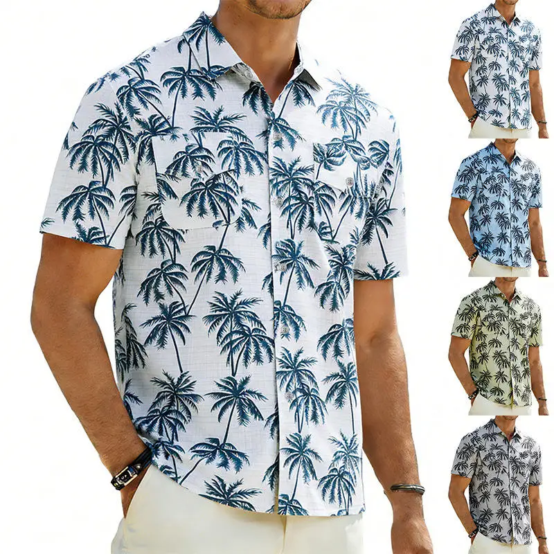 

Loose Men's Summer Hawaiian Coconut Tree Print Casual Short Sleeve Shirt Floral Patterned Cotton Polyester Blend Spring Autumn