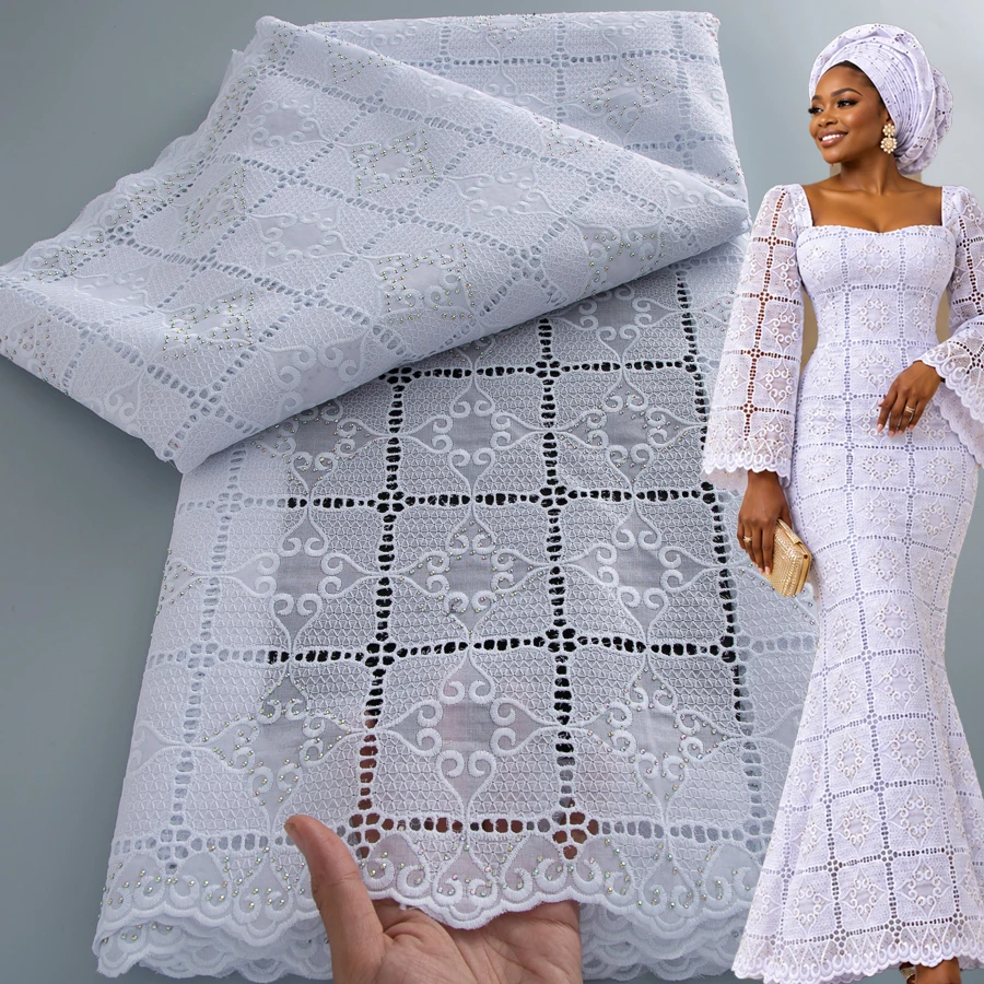 White African Swiss Voile Lace Fabric 5 Yards Nigerian Dry Cotton Lace Fabric with Stones 2026 High Quality for Women Dress Sew
