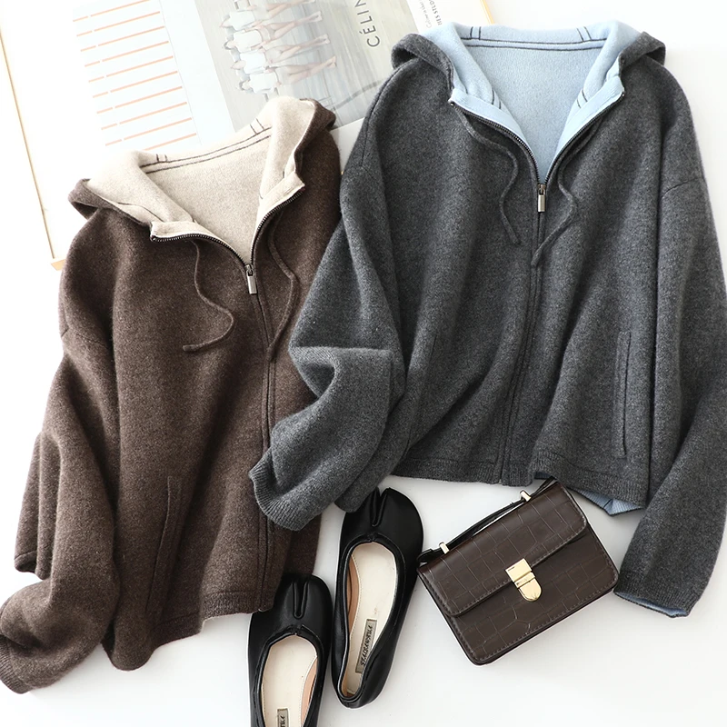 masigoch europe winter double thick luxury knits 100% cashmere zipper hooded cardigan coat