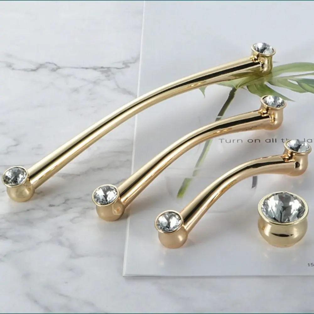 Zinc Alloy Cabinet Handles Gold Finish Screws Included Drawer Pulls Crystal Accent Light Luxury Style Wardrobe Handles