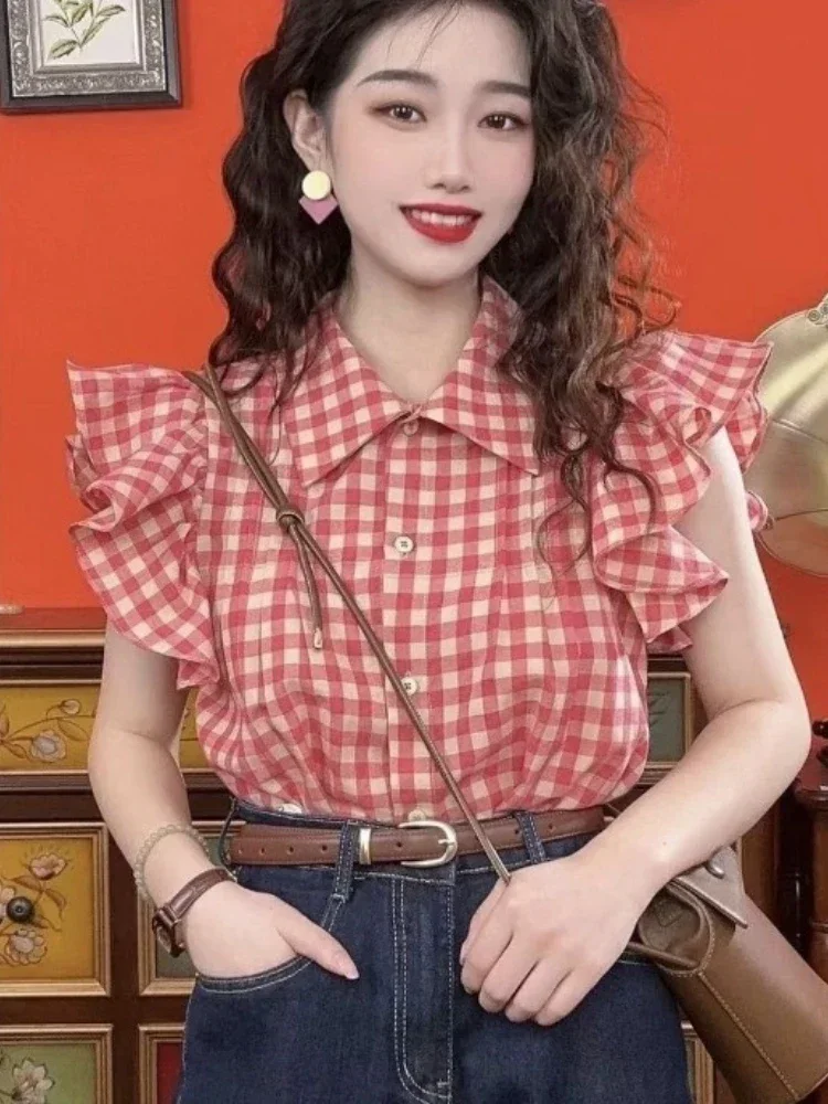 Blusas Vintage para Mujer 2026, Blusas de Moda con Mangas Volantes, Camisas de Verano con Volantes, Blusas Holgadas a Cuadros