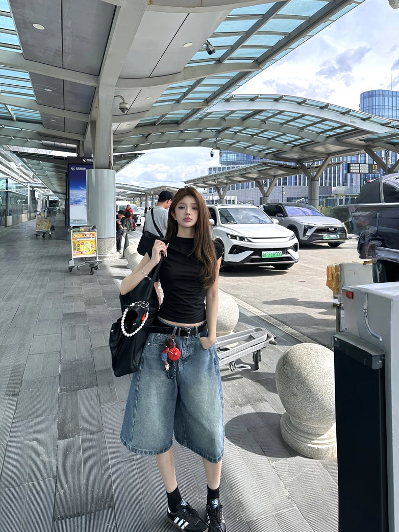 

Retro Style Two-Piece Set Black Sleeveless T-Shirt Women Summer High Waist Loose Jeans Pants Casual Fashion Outfit