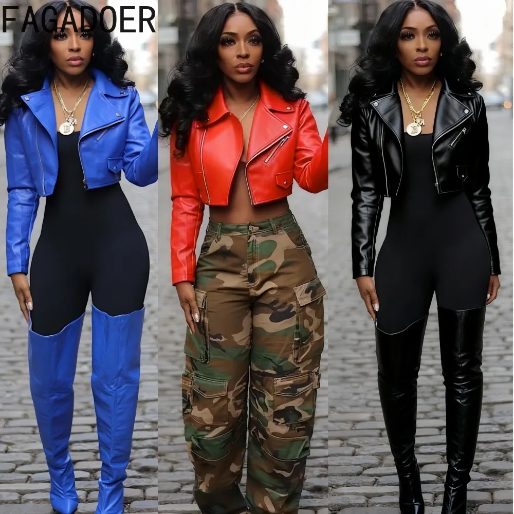 

FAGADOER Fashion Leather Patchwork Bodycon Jacket for Woman Solid Color Long Sleeves Zipper Crop Top Female Streetwear Clothing