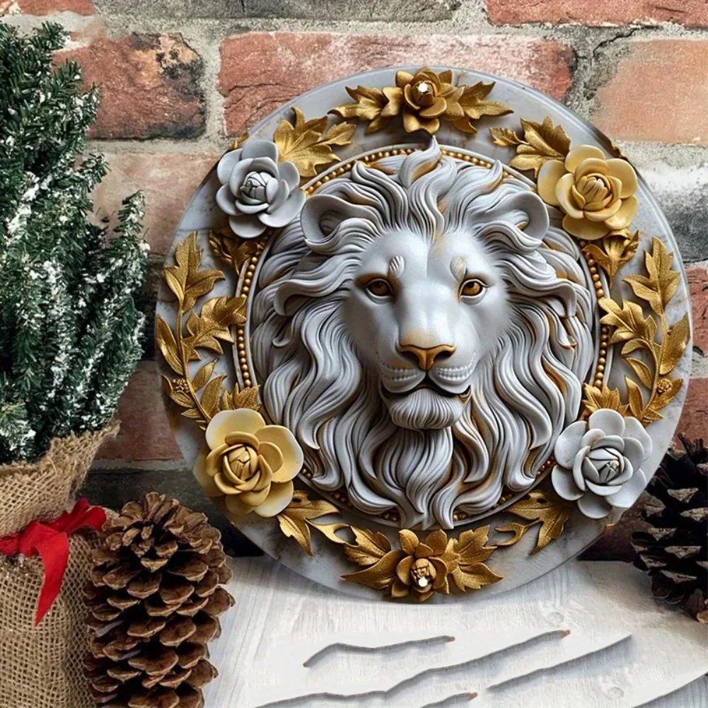 Waterproof HD Printed Aluminum Lion Head Decor, Wall Art with Pre-drilled Holes, Round Metal Sign, Door Hanger or Wreath Accent