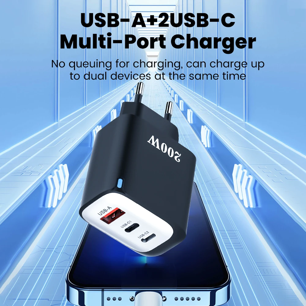 200w Schnell ladegerät 3 Anschlüsse Typ C Ladegerät QC 3,0 USB Wand ladegerät Adapter für Samsung Xiaomi 66W Typ C Kurz kabel für iPhone 15 16