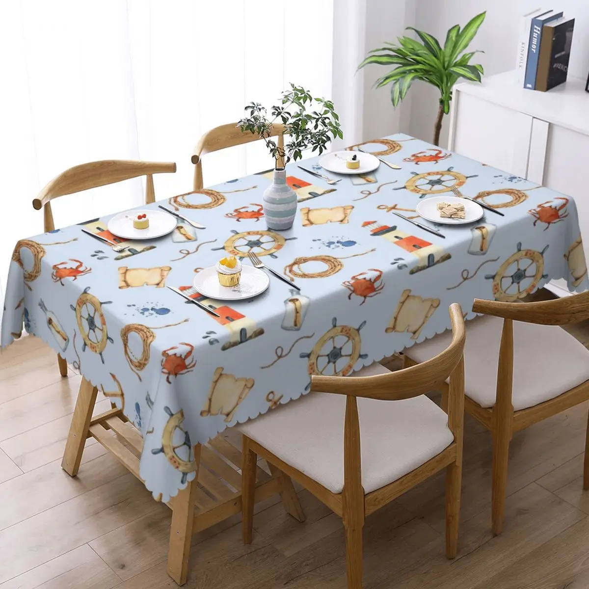 Custom Nautical Pattern Wallpaper Tablecloth Rectangular Waterproof Table Cloth Cover for Dining Room