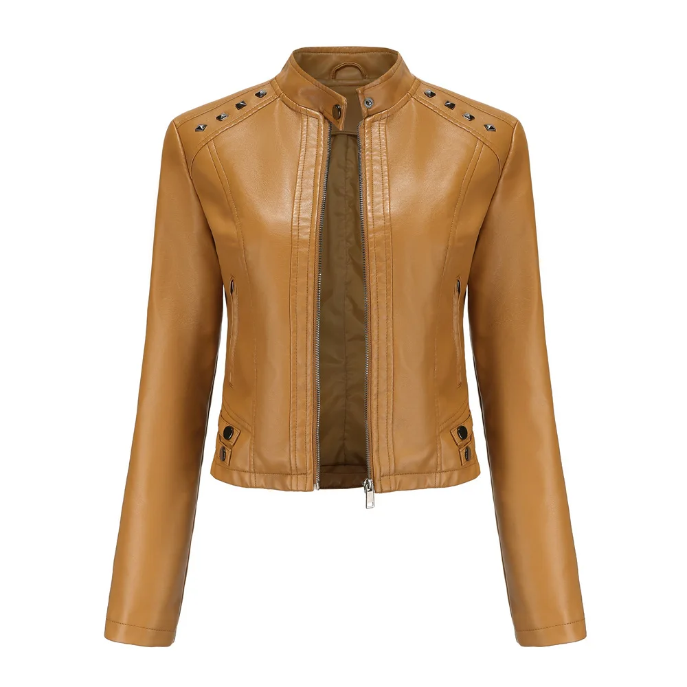 Abrigo de cuero con remaches de manga larga para mujer, chaqueta de motocicleta, cuello levantado de Pu, moda de primavera y otoño, nueva chaqueta de cuero