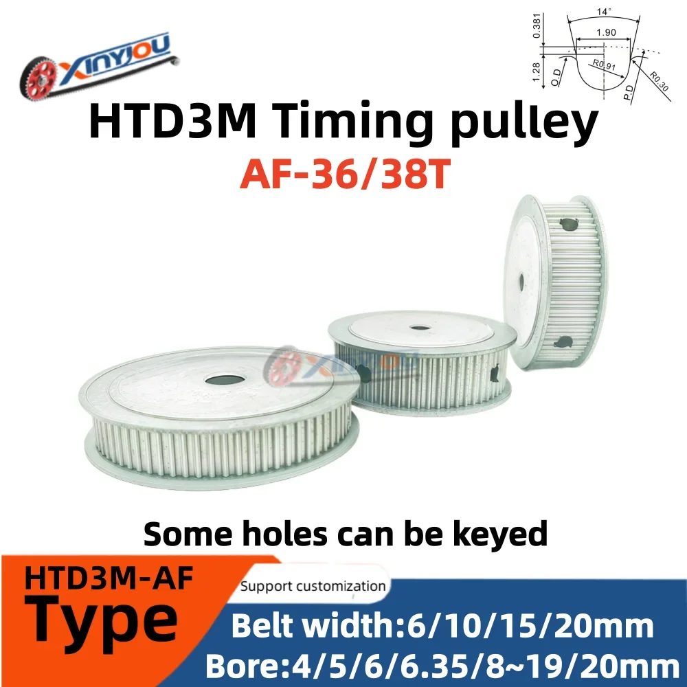 

HTD3M36/38 Teeth AF-Type Timing Pulley for Toothed Belt Drive Systems - Various Belt Widths (6/10/15/20mm) And Bore (4-20mm)