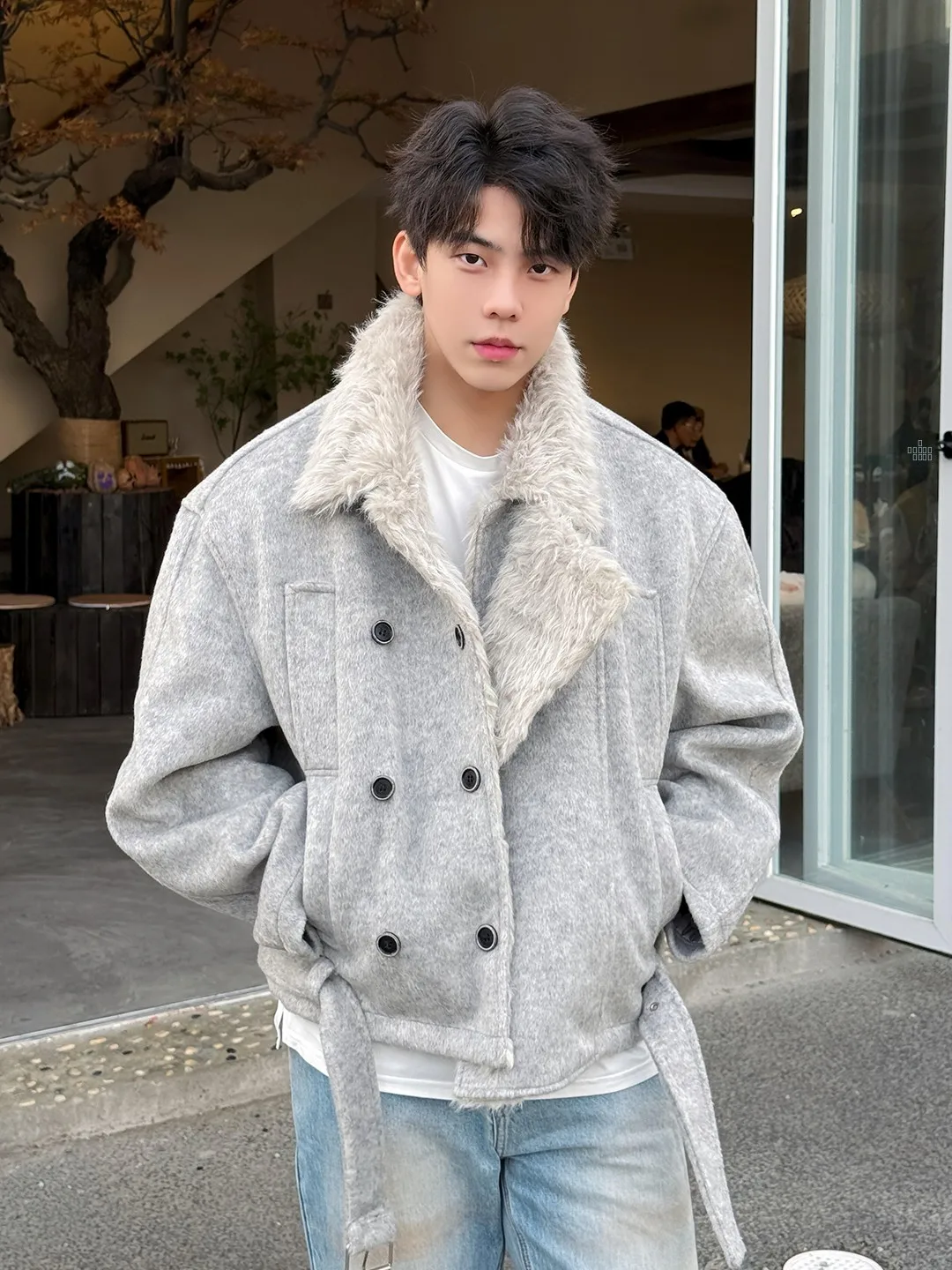 

ay Double-Breasted Fce-Lined Woolen Coat Men's Thiened Autumn Winter ort Jaet Cleanfit Sle Stand Fit Long Sve