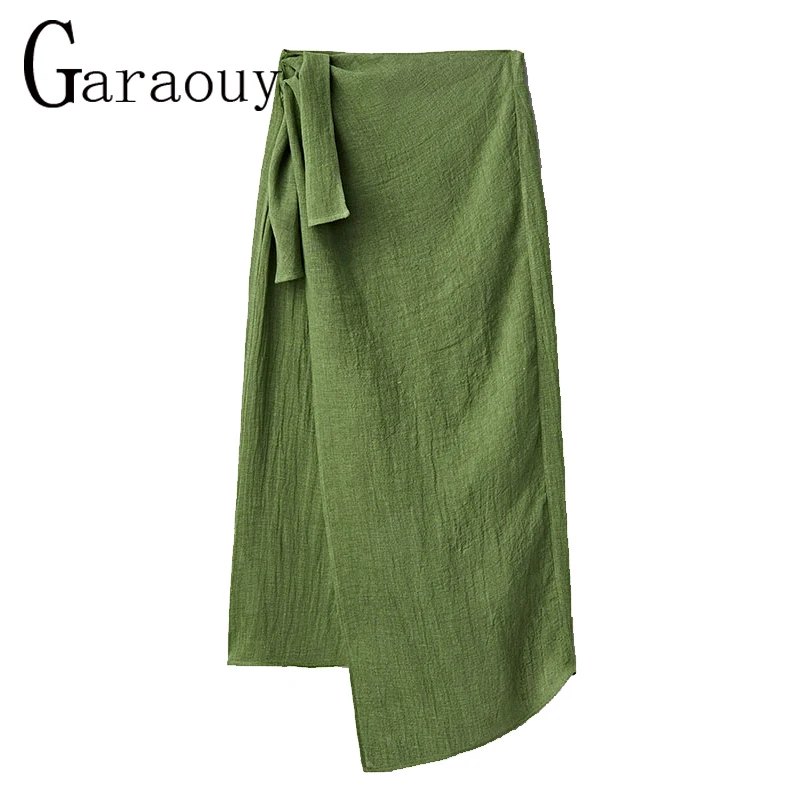 Garaouy 2022 Autumn Cotton Linen Knotted Skirt Women High Waist Long Skirt Solid Elegant Office Lady Irregular Midi Skirts Mujer