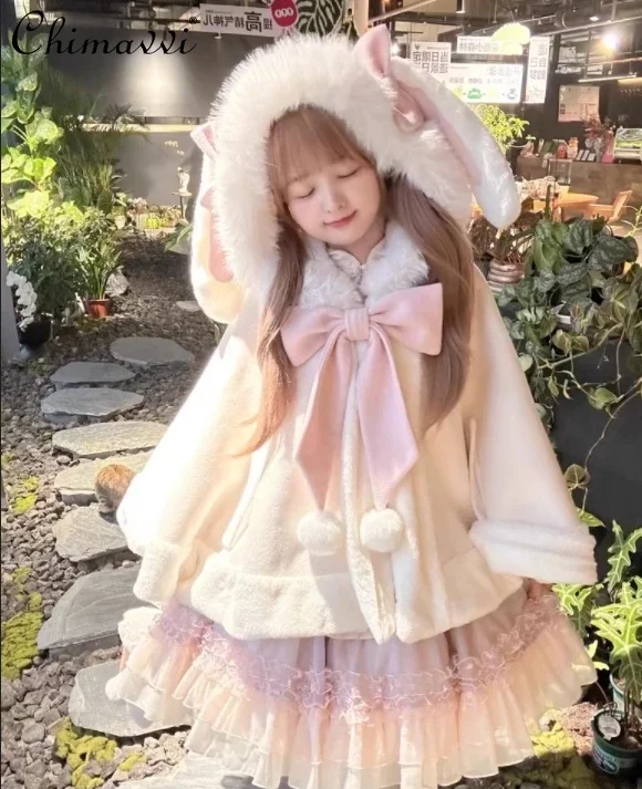 Lolita Original New Cute Rabbit Ears Hooded Shawl Coat Autumn and Winter New Sweet Girl Womens Warm Loose Y2k Cape Jackets Tops