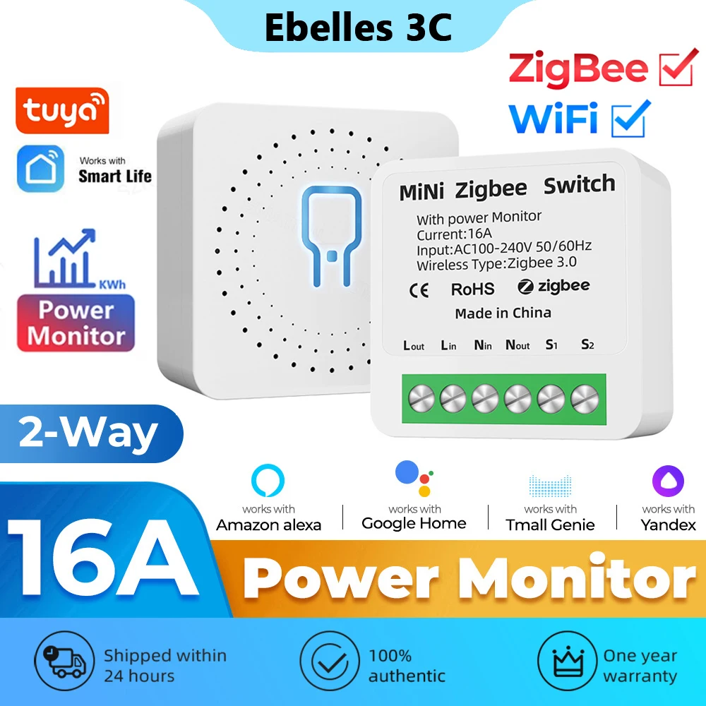 Tuya Zigbee WiFi MiNi Interruptor Inteligente com Monitor de Alimentação, Controle de 2 Vias, Relé Temporizador, Funciona com Alexa, Google Home, Alice, 16A