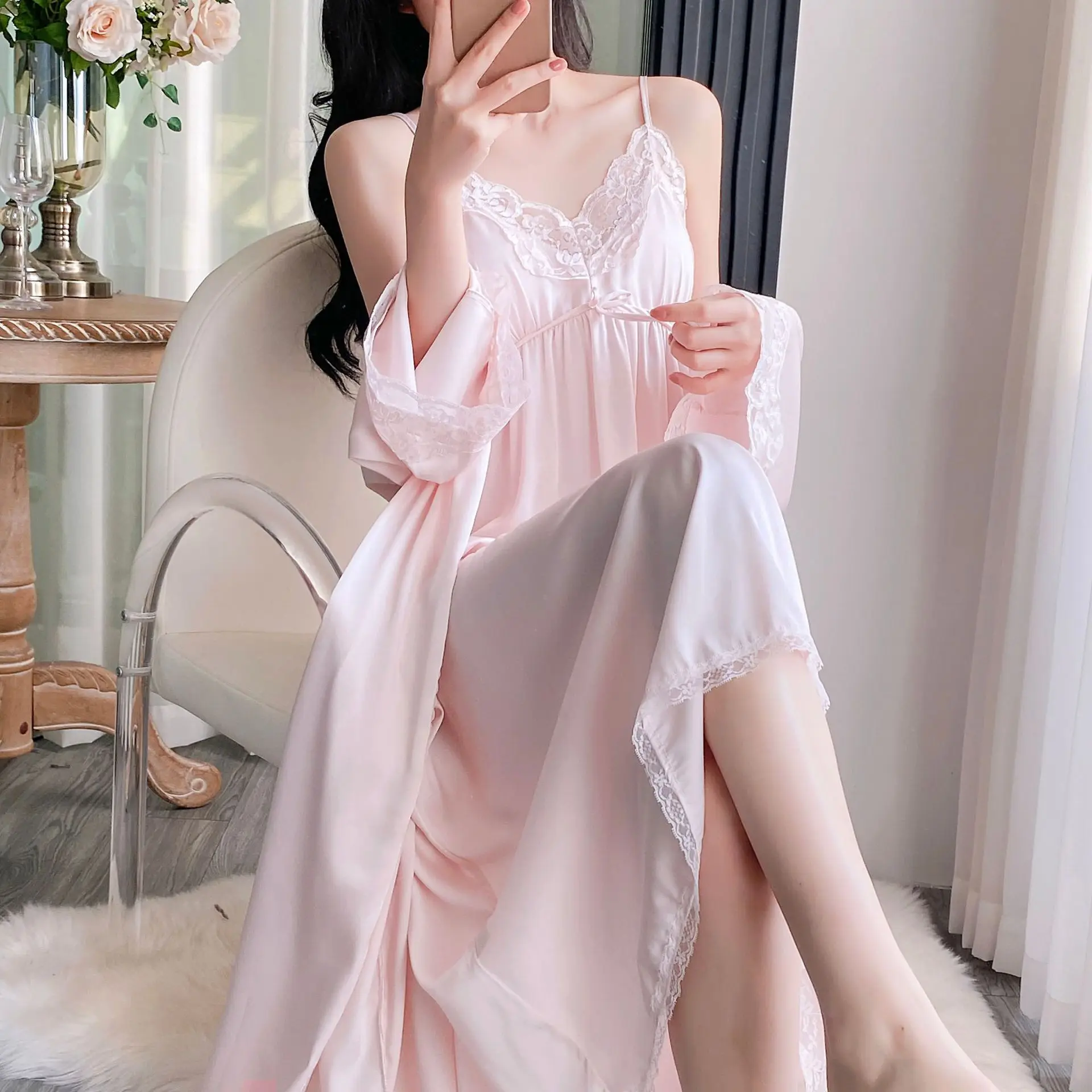 

2PCS Robe Set Women Lace Bathrobe Nightgown Suit Sleepwear Dress Summer Lady Rayon Kimono Lingerie Dressing Gown Home Clothes