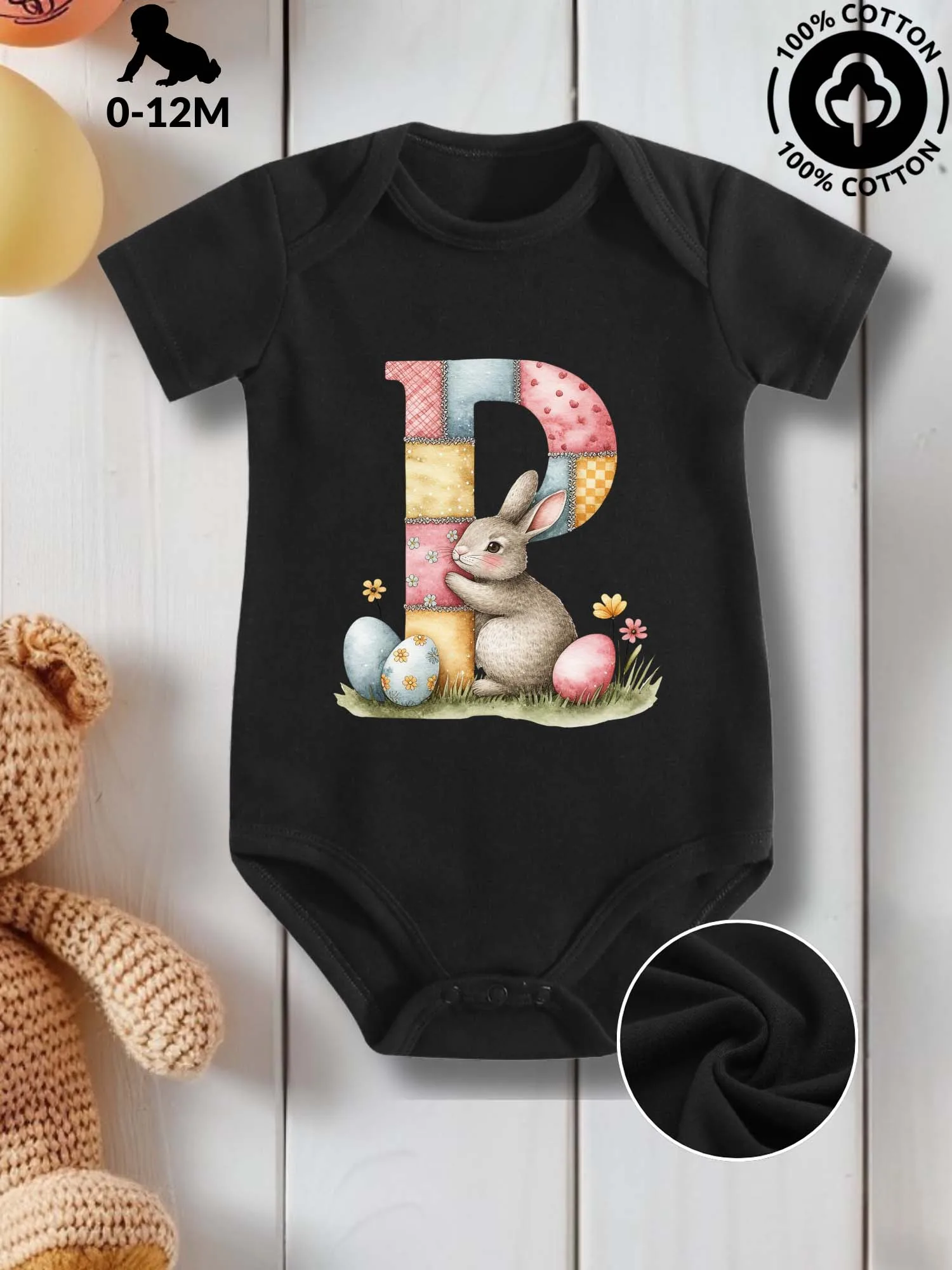 بدلة زحف للأطفال من أرنب عيد الفصح بحروف P للجنسين، قطعة واحدة للعناية بالبشرة من القطن الخالص، بدلة سوداء لجميع المواسم 190GSM