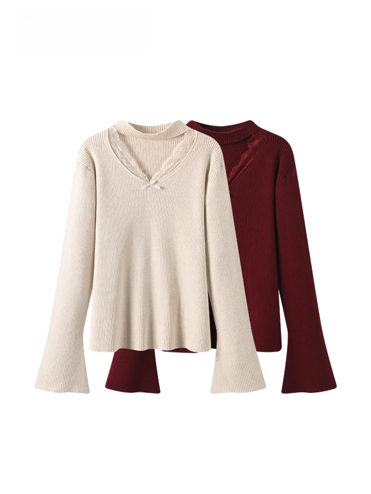 

Cara CLUB plus Size Retro Lace Knitwear Women's Autumn Winter New Sle Fat MM Semi High Collar Top Skin-friendly Breathable