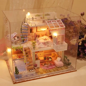 Diy doll house furniture with light cover Dollhouse Casa miniatures for children toys birthday christmas new year gifts