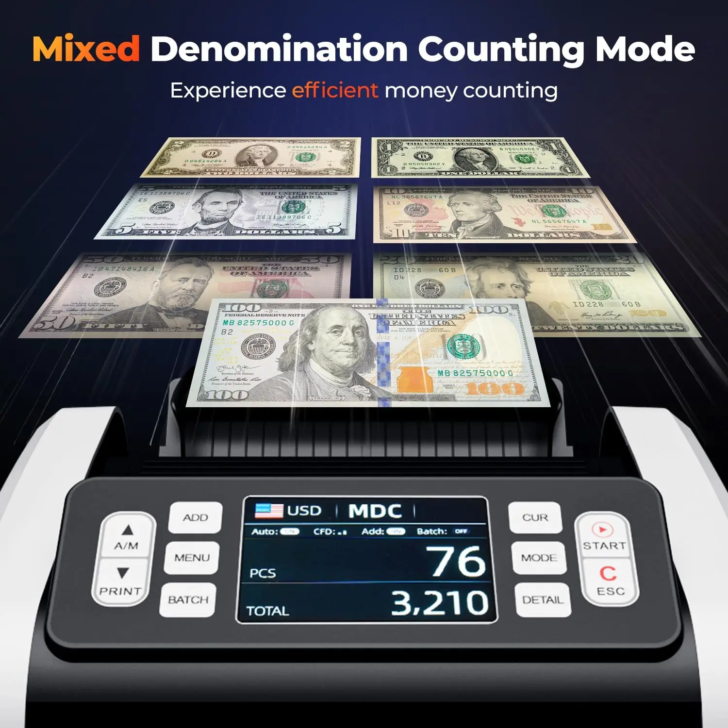 Mixed Denomination Money Counter Machine, Value Counting, UV/MG/IR/MT Bill Counter, 3.5