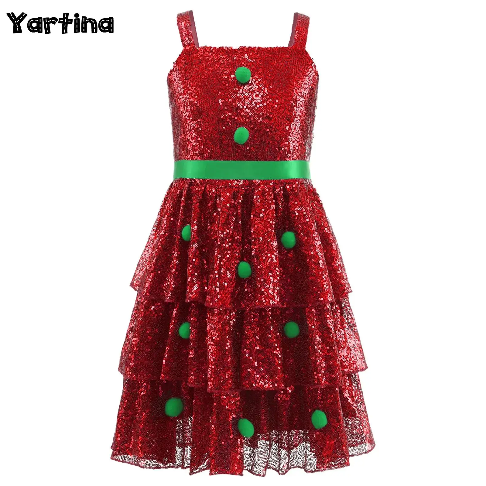 

Girls Christmas Elf Dress Cosplay Costume Sequin Xmas Tree Back Invisible Zipper Ruffled Layered Dress with Ribbon Waistbelt