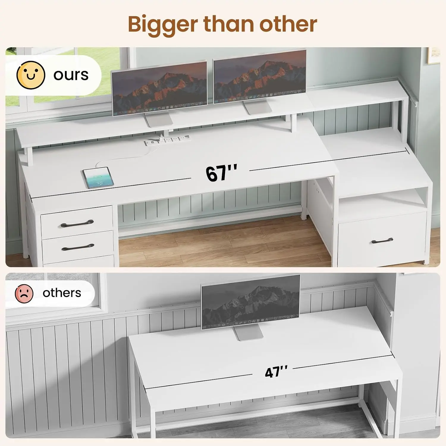 White Computer Desk with 5 Drawer, Power Outlet & LED Lights, Home Office Workstation, Customized
