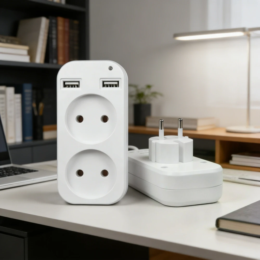 2026 EU Plug Power Strip 1200W 250V, 2 AC Outlets & 2 USB Ports Portable Wall Socket Adapter for Smartphones Tablets