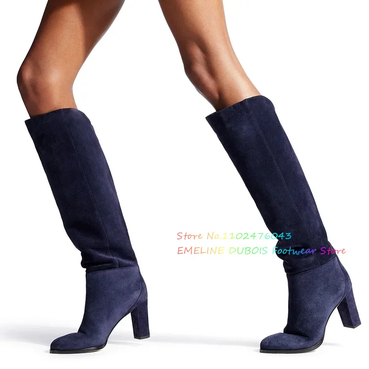 

Suede Navy Blue Knee High Long Boots Women Round Toe Chunky Heels Slip On Party Dress Shoes Ladies Winter Boots New Arrivals