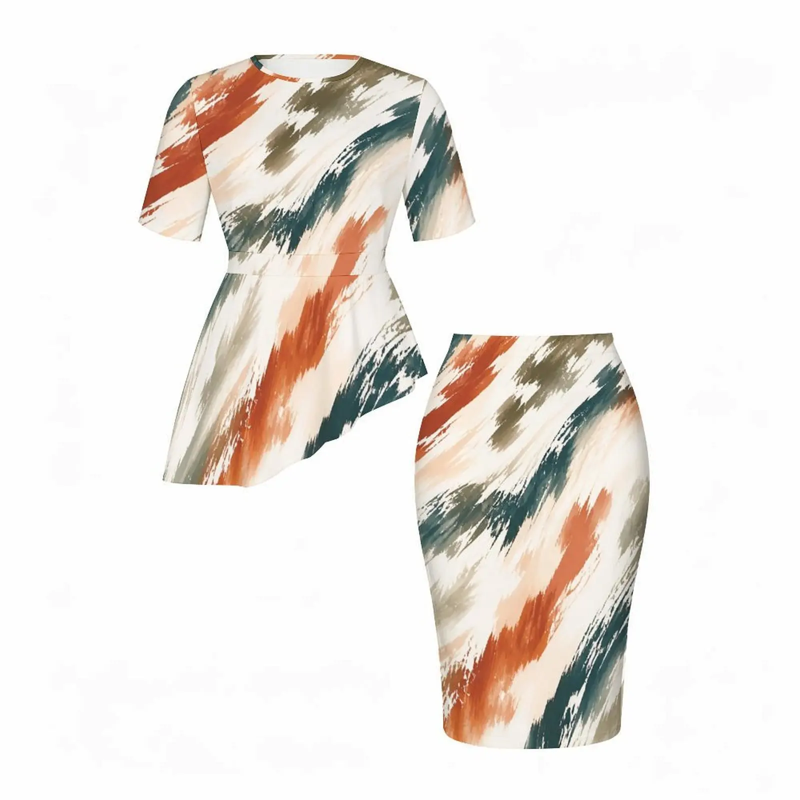 Women Abstract Brush Stroke Printed Round Neck Short Sleeve Asymmetric Top And Fitted Skirt Two Piece Set