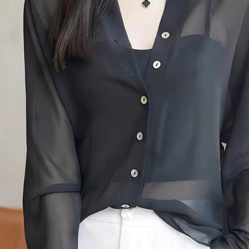 Spring Summer New Solid Color Shirt Women V-neck Long Sleeve Button Patchwork Cardigan Elegant Thin Style Sheer All-match Tops