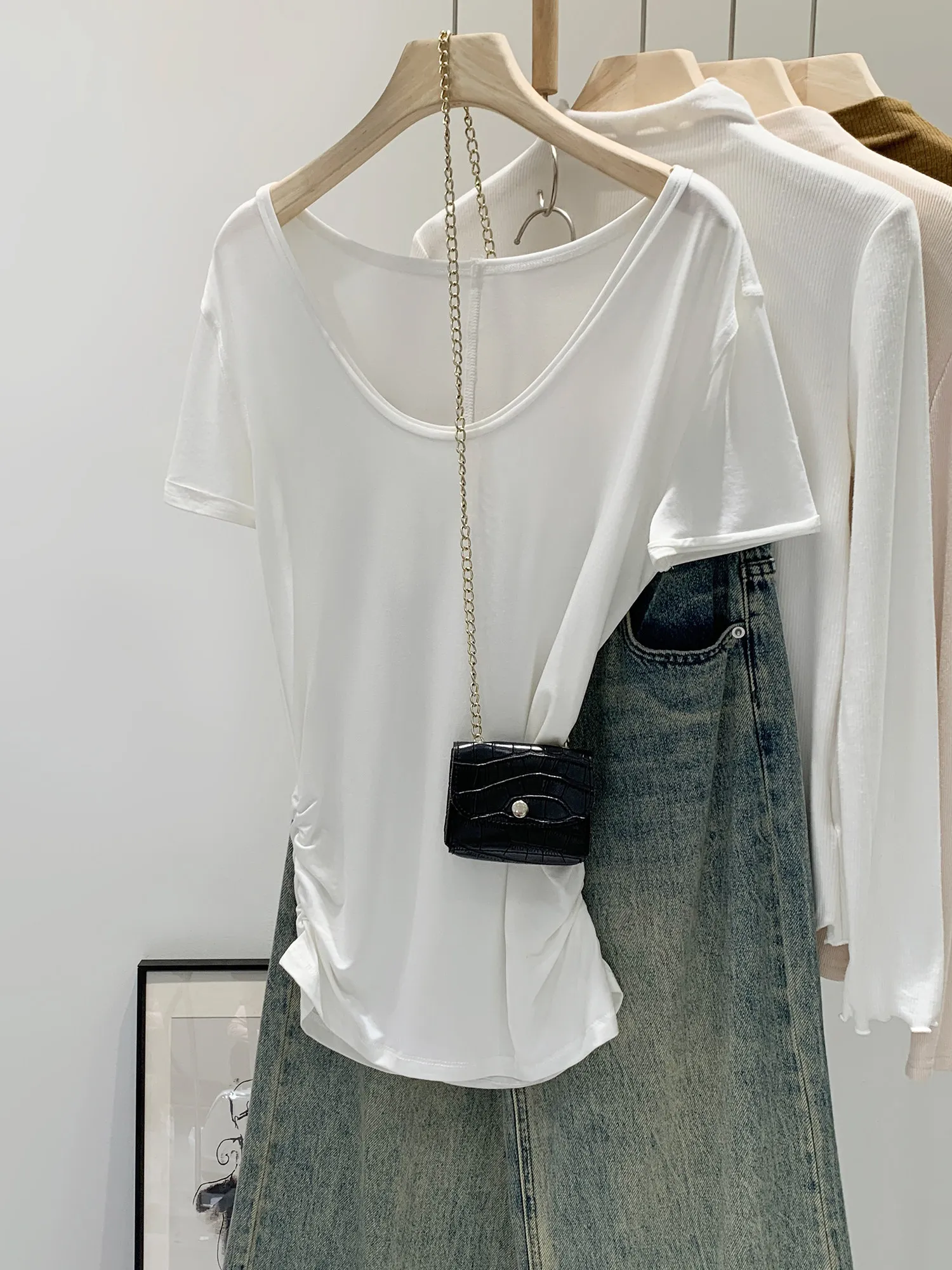 Summer Thin Pure Color Lyocell V-neck Pleated Slim Fit Short Sleeve T-shirt Semi-transparent Loose Weight-loss Effectiveness Top