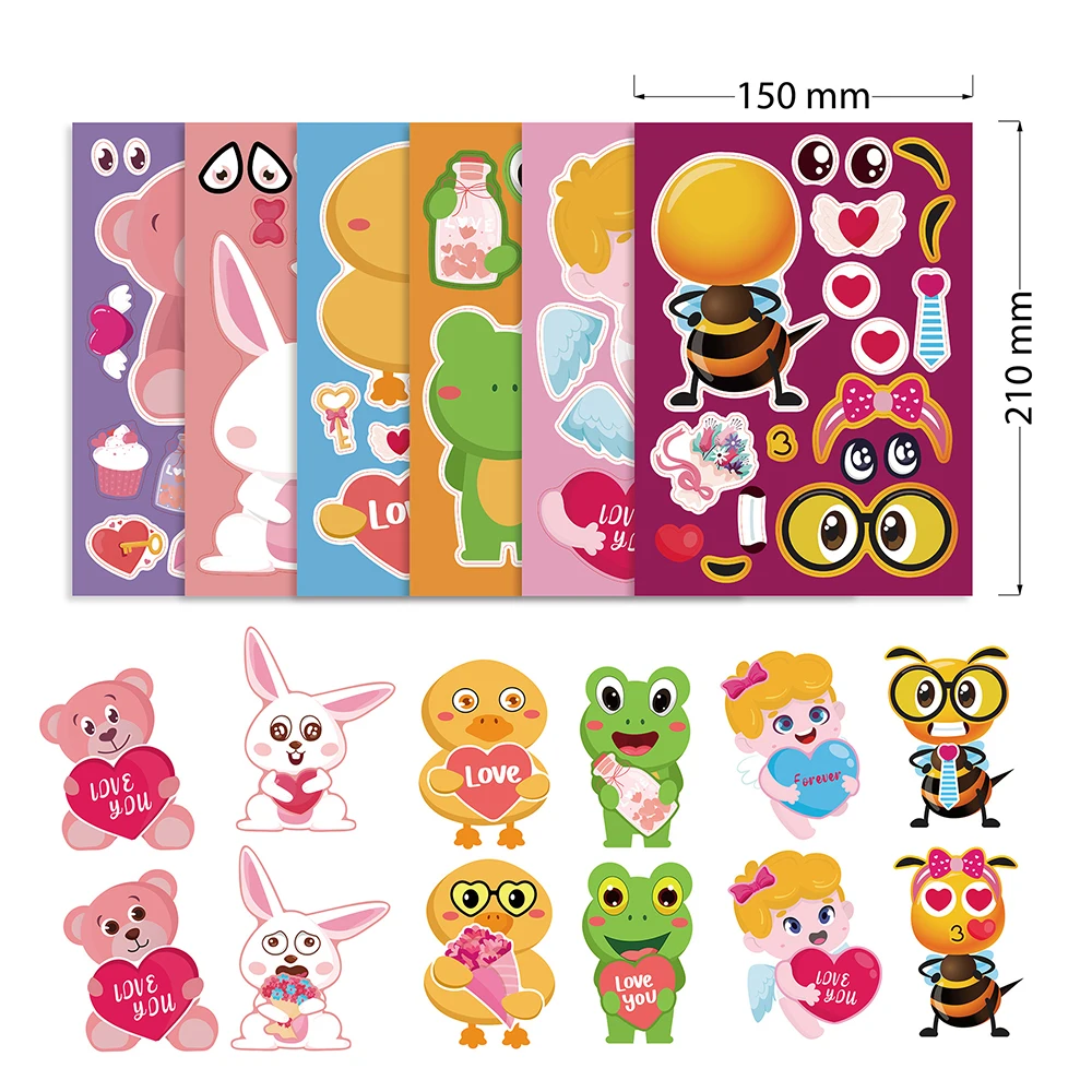 6/12Sheets Valentine\'s Day Puzzle Stickers Games Make a Face DIY Animal Angel Jigsaw Cute Cartoon Decal Children Educational Toy