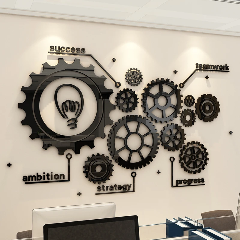 Acrylic 3d stereo gear decoration office wall sticker painting creative inspirational company corporate culture background