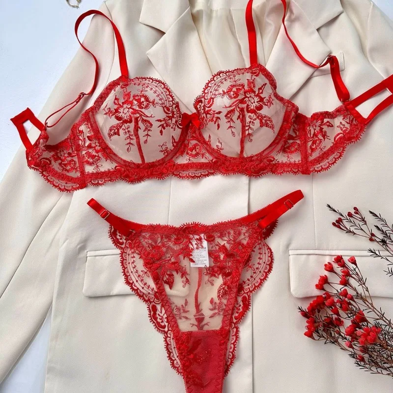 Lingerie sexy conjunto com bordado de flores, perspectiva malha, confortável, simples e generoso, traje sexy, venda quente