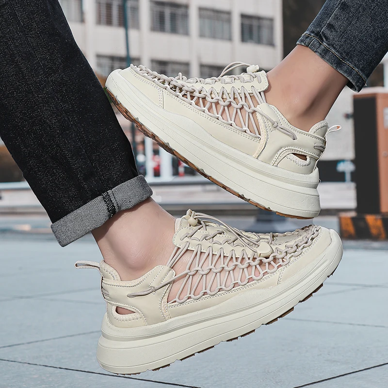 

Новые летние сандалии 2026 года для пар с толстой подошвой, плетеные, с закрытым носком, нескользящие, износостойкие, пляжные