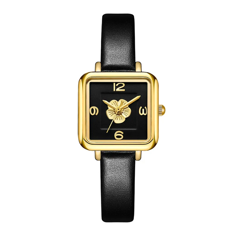 Light luxury camellia women's watch high value small sugar cube student watch niche high sense black gold quartz women's watch