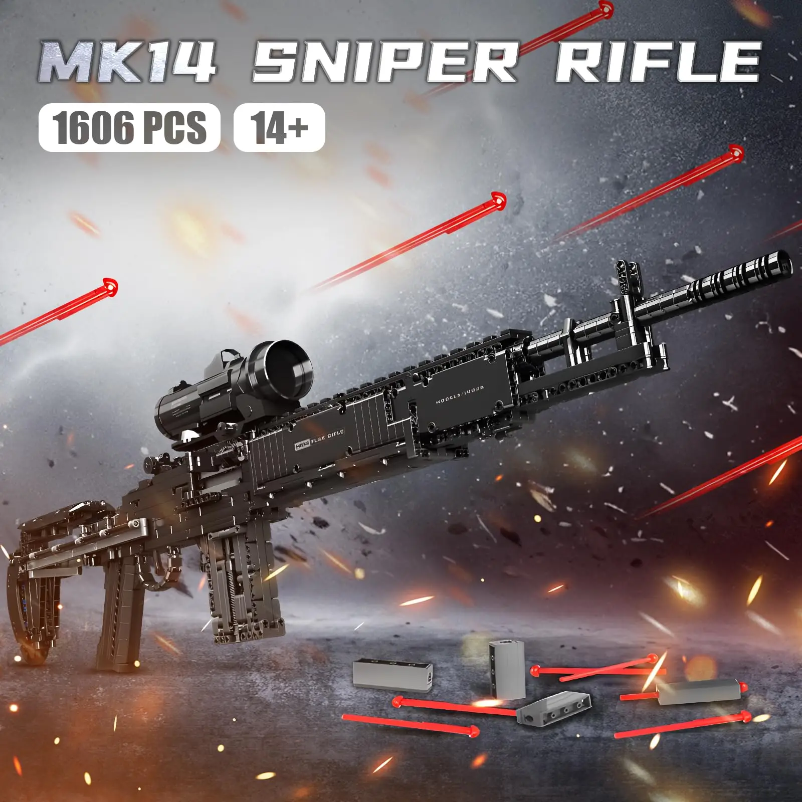 1606Pcs MK14 Building Blocks Guns 1:1 Simulation Model Toy with Shooting Function Set Cool DIY Collectible Building Bricks Gifts