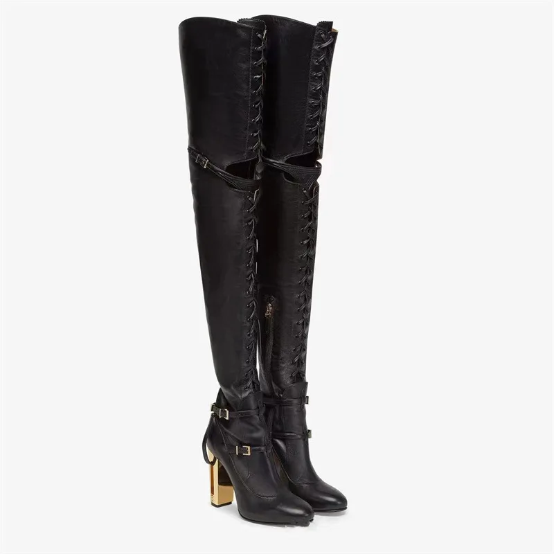 Women's Black Leather Over-The-Knee Boots Lace-Up Detail Gold Heel Buckle Accent Edgy Glam Style for Evening Parties Outfits