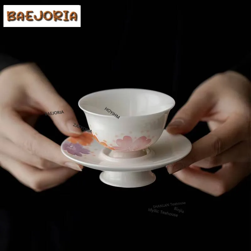 

50ml Hand Drawn Small Floral Teacup Tea Bowl With Coaster Set Of Cups Tea-tasting Smelling Cup Chazhan Master Cups Drinkware
