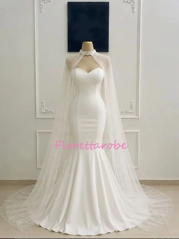 Vintage Sweetheart Mermaid Satin Wedding Dresses With Pearls Elasticity Lace Crape Wedding Party Robe Mariee Floor Length Custom