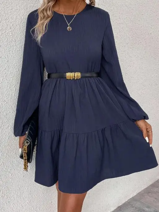 

Autumn New Long Sleeved Solid Color Loose Mid Length Dress for Women, Elegant and Casual Lantern Sleeve A-Line Dress