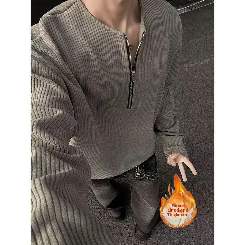 Spring 2025 Men's Long Sleeve T-Shirt Half Zipper Loose Base Shirt Inner Wear Textured Layering High End Feel Polyester