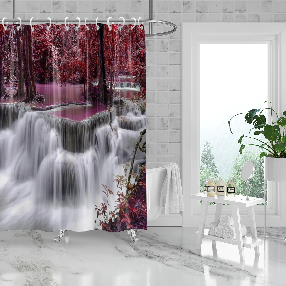 Enchanted Waterfall & Purple Autumn Forest Print Shower Curtain with 12 Hooks, Modern Home Bathroom Decor,All-Season Universal