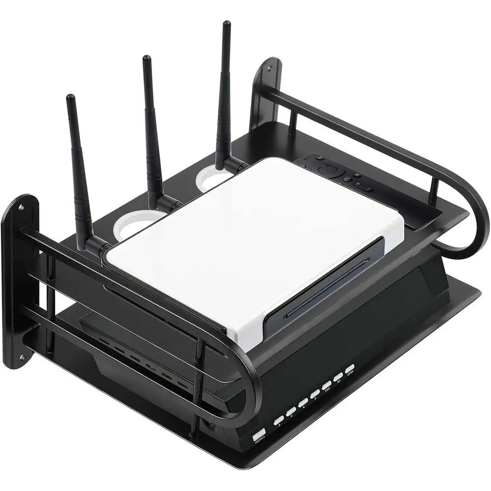 Black Metal Double Wire Router Storage Box/TV Set Box Shel Wall Hanging Plug Board Bracket Cable Storage Organizer (Small) view 3
