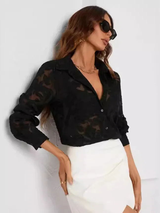 Mujer encaje ahuecado solapa irt Casual Sle largo Sve Flip Collar Top marca china Faion ropa Premium para mujer