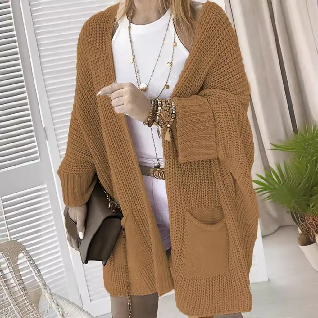 

Women's Autumn Winter Knitwear Cardigan Solid Color Loose Fit with Pockets Long Large Size European American Style