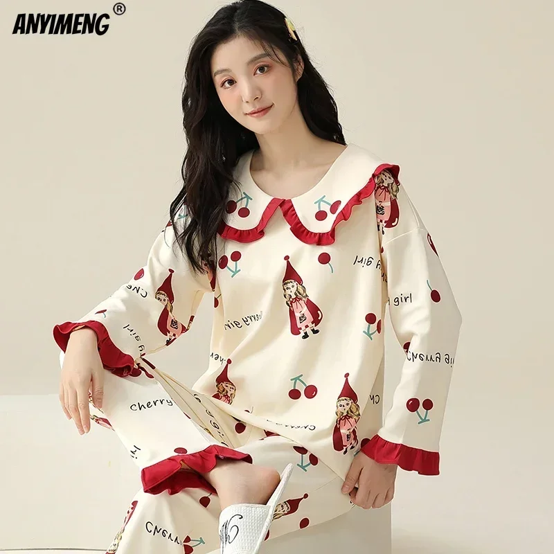 M-5XL 용수철 가을 긴팔 여성 잠옷, 편안한 코튼 풀오버 잠옷, 한국 잠옷, 소녀 홈웨어, 플러스 사이즈 잠옷