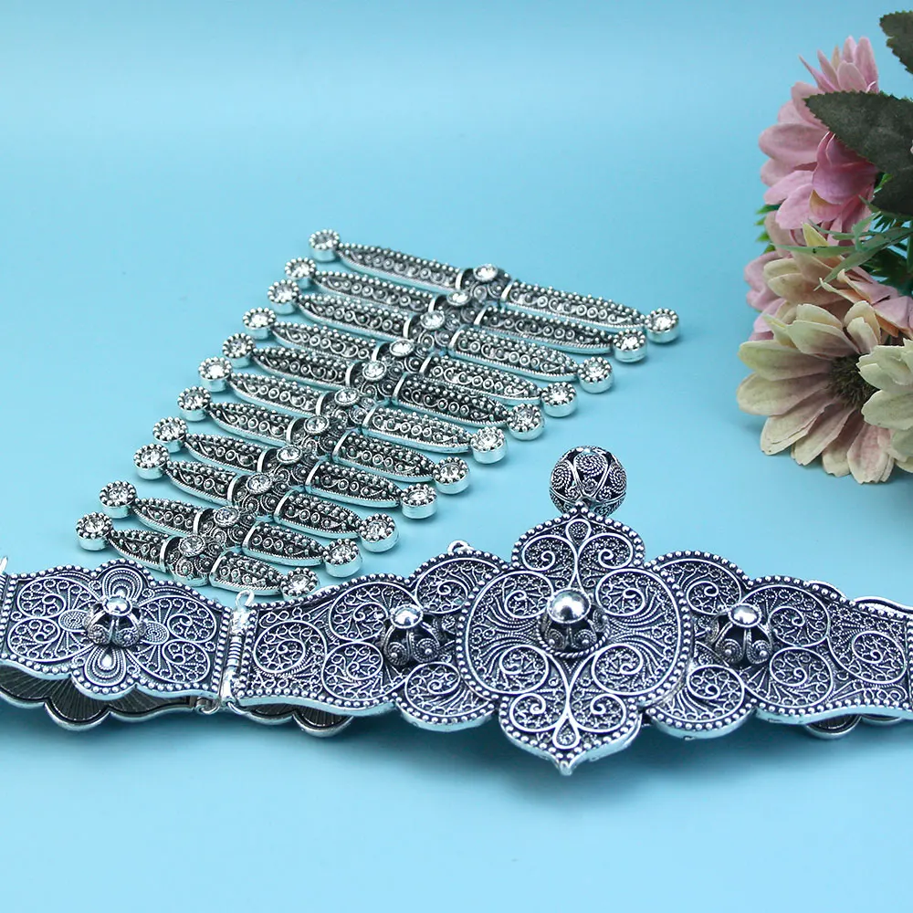 Sunspicems Chic Caucasus Bride Jewelry Set For Women Crystal Лезгинки Dress Belt Breastplate Set Antique Silver Color Turks Belt