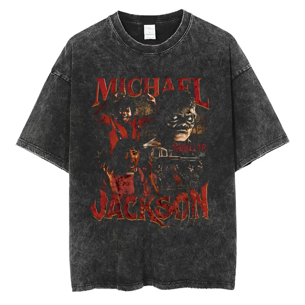 

Washed Vintage Michael Jackson Thriller Graphic T-shirt Men Women Fashion Retro Gothic Rock Tshirt Men's Casual Cotton T Shirts